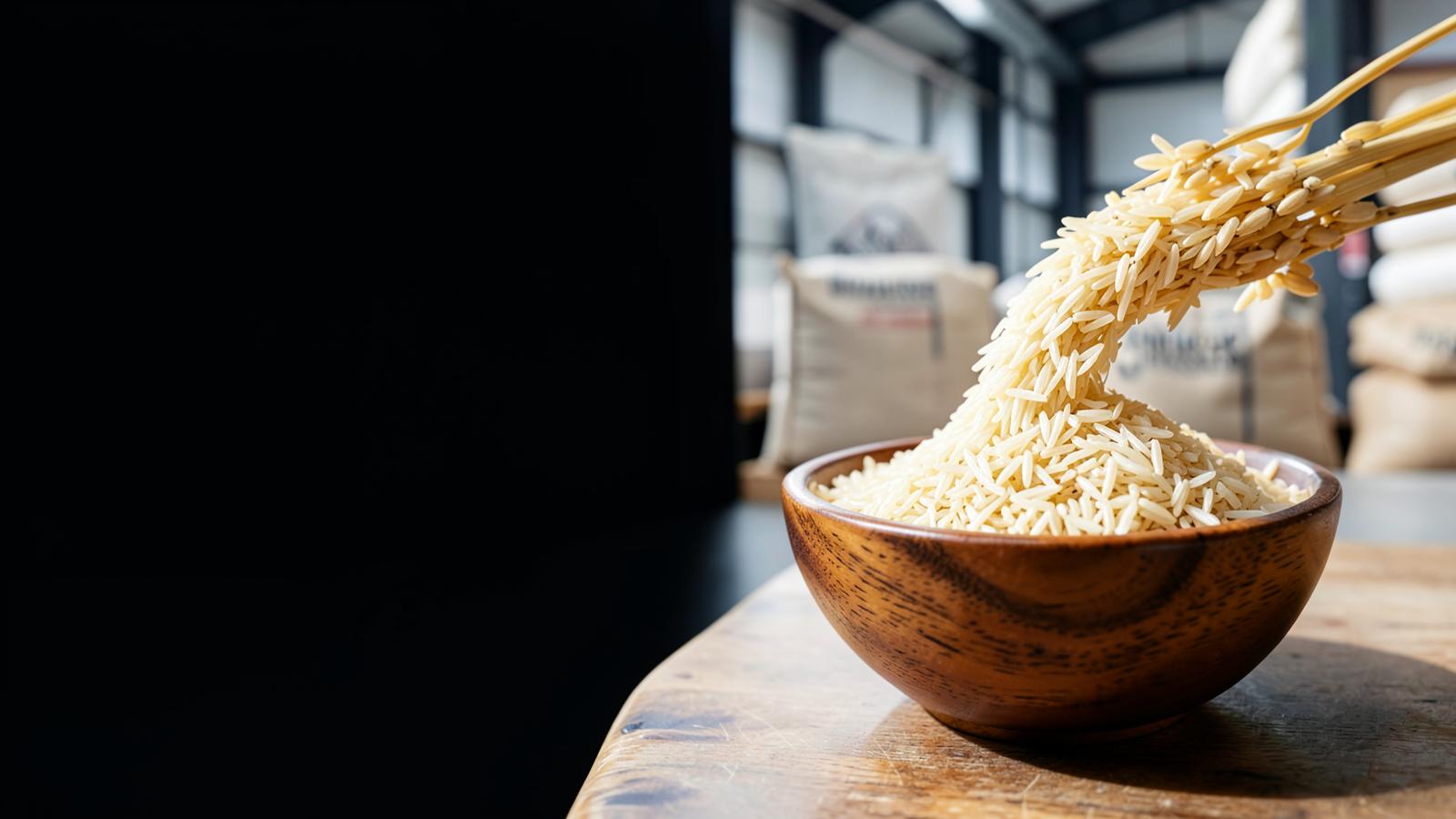 Basmati rice with rice stalks and a wooden scoop