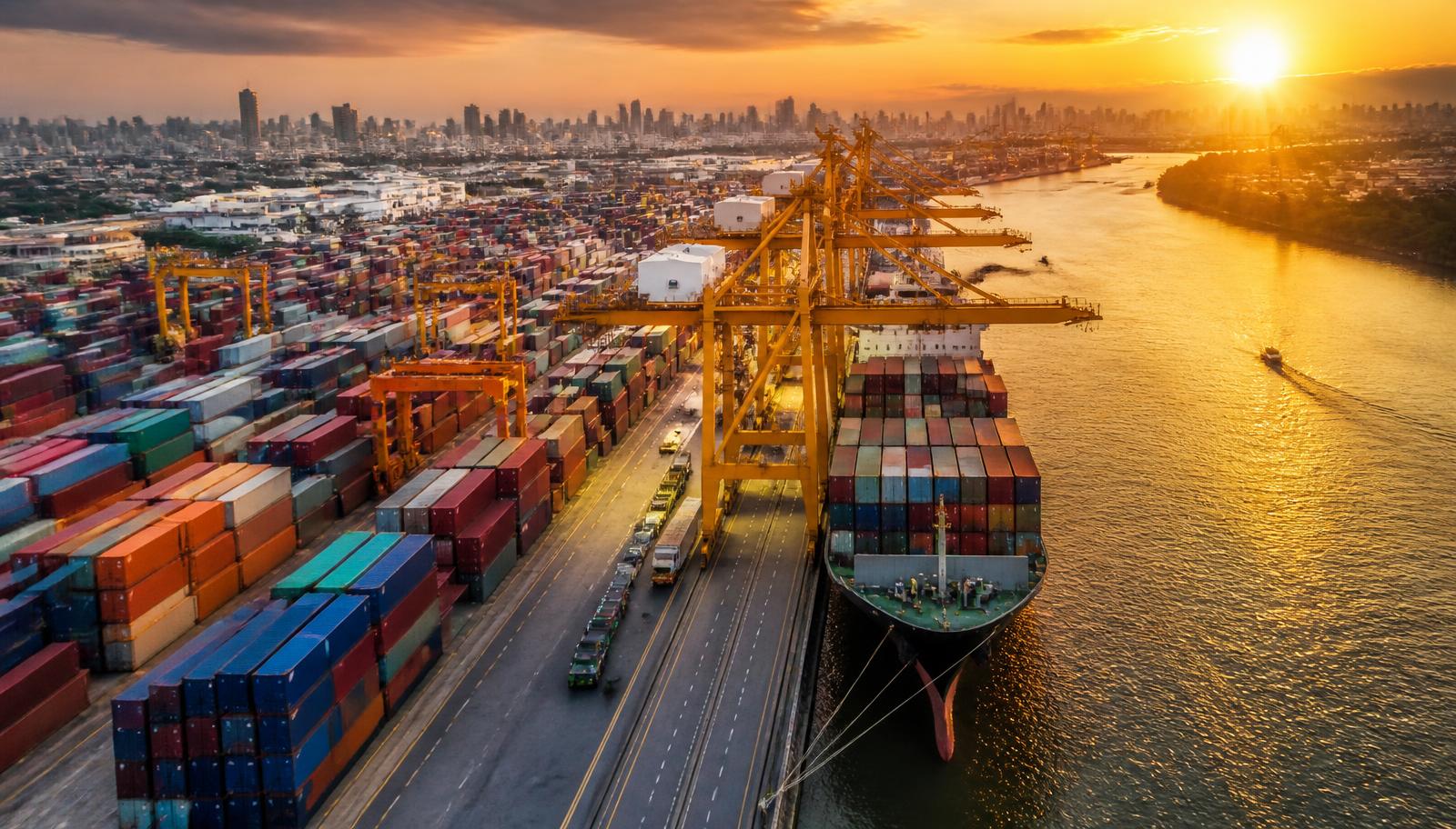 Container port at sunset with cargo ship loading