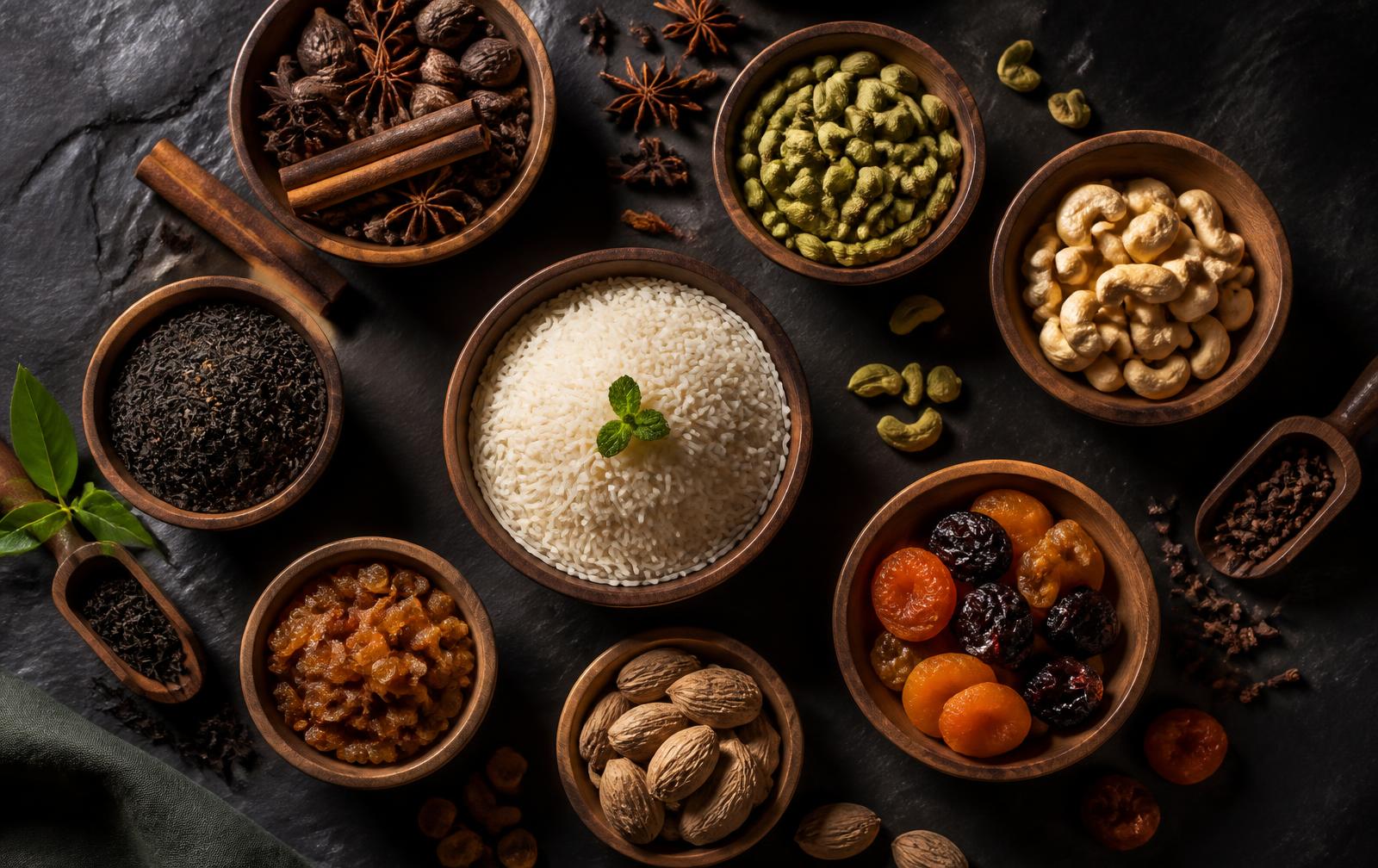 Rice, spices, cashews, tea and dried fruit in wooden bowls